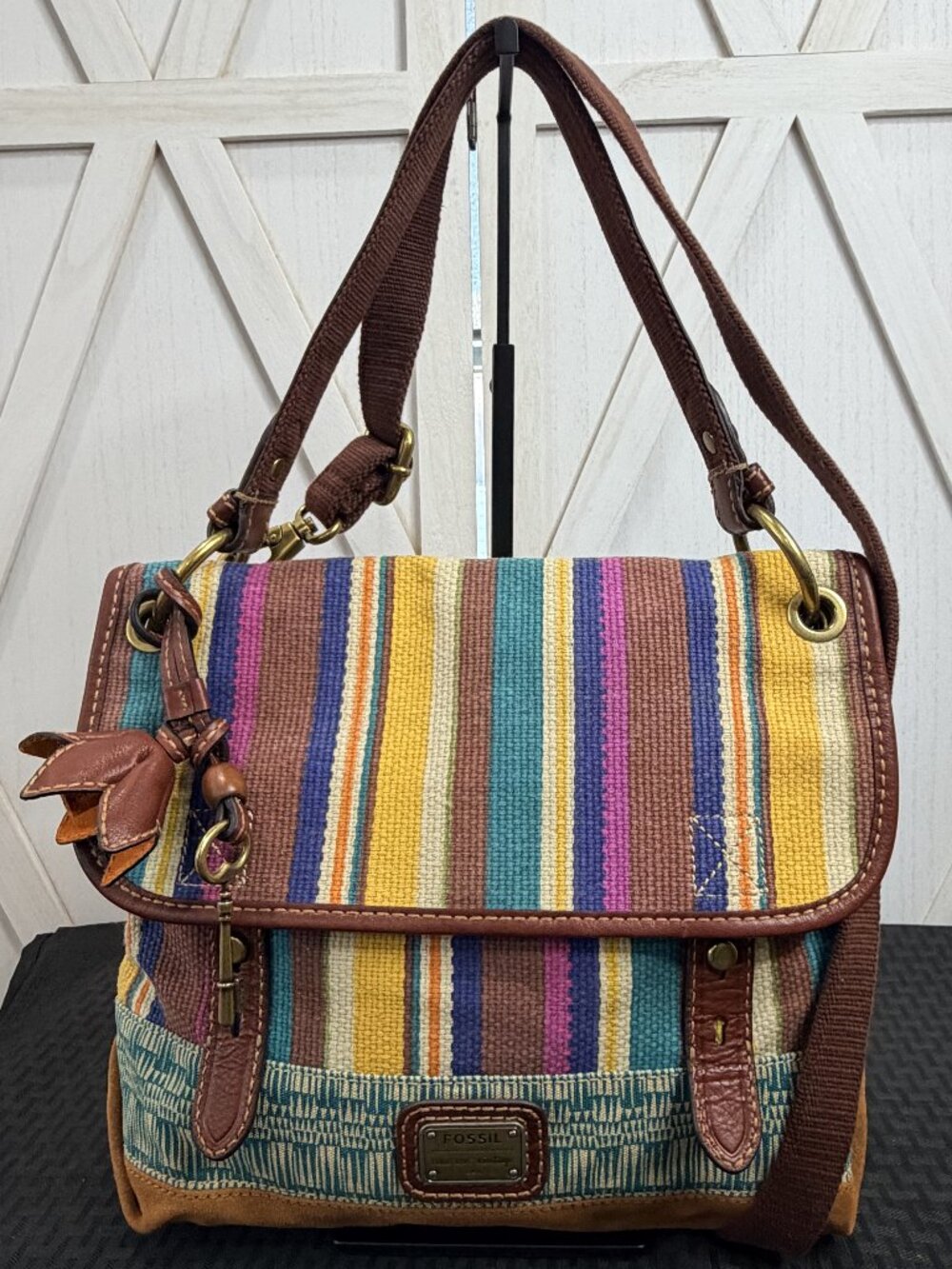Fossil Multicolor Striped Canvas Shoulder Crossbody Bag Boho Vintage Style